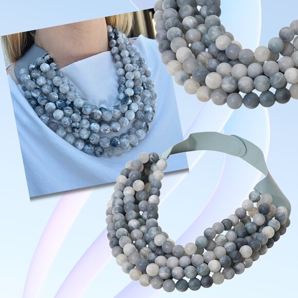 NEW Stunning Marble Effect Beaded 7-Strand Bib Statement Boho Blue Grey Necklace - Picture 1 of 6